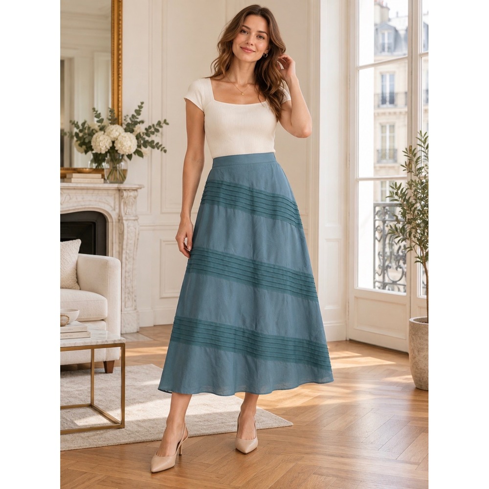 Soft Surroundings Blue Pintuck Chiffon A-Line Maxi Skirt Plus Size 2X Lagenlook